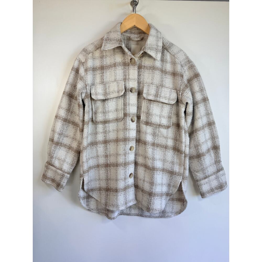 H&M Oversized Plaid Shacket Shirt Jacket Textured Beige Cream Size HS